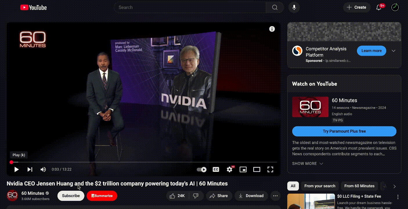 Clicking the TubeBite Summarize button
